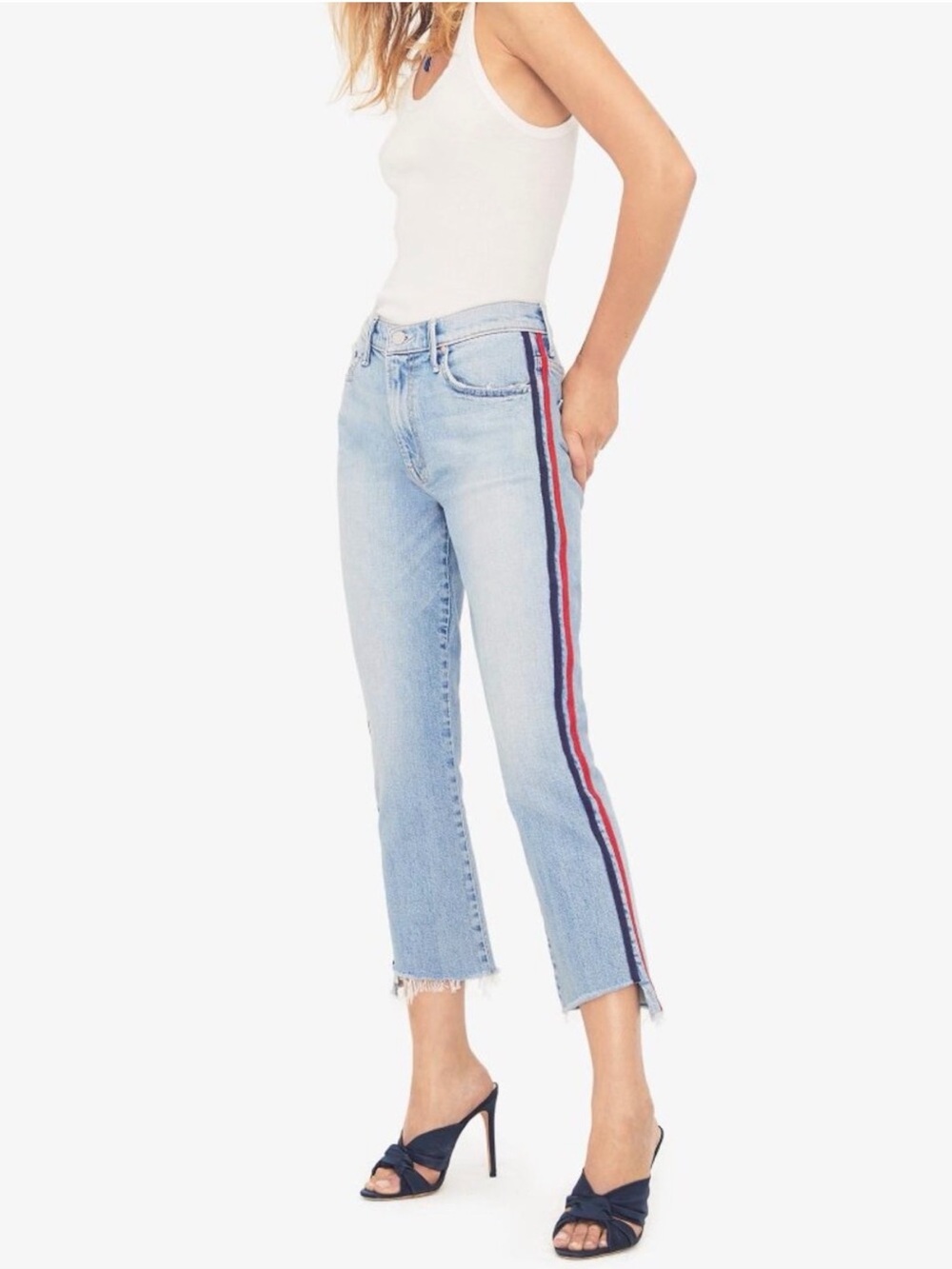 MOTHER Light Blue Crop Step Fray Jeans with Red & Navy Side Stripe